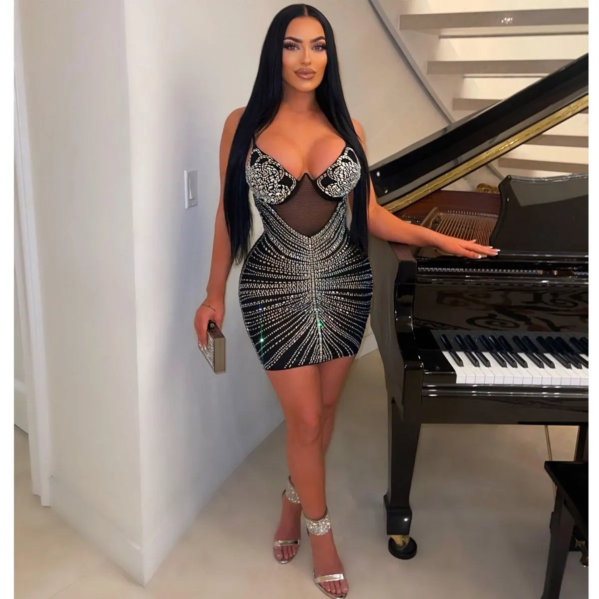 

Casual Women Dress Spaghetti Strap Mini Dress Diamond Sheer Mesh Party Night Clubwear Dresses For Women Outfit