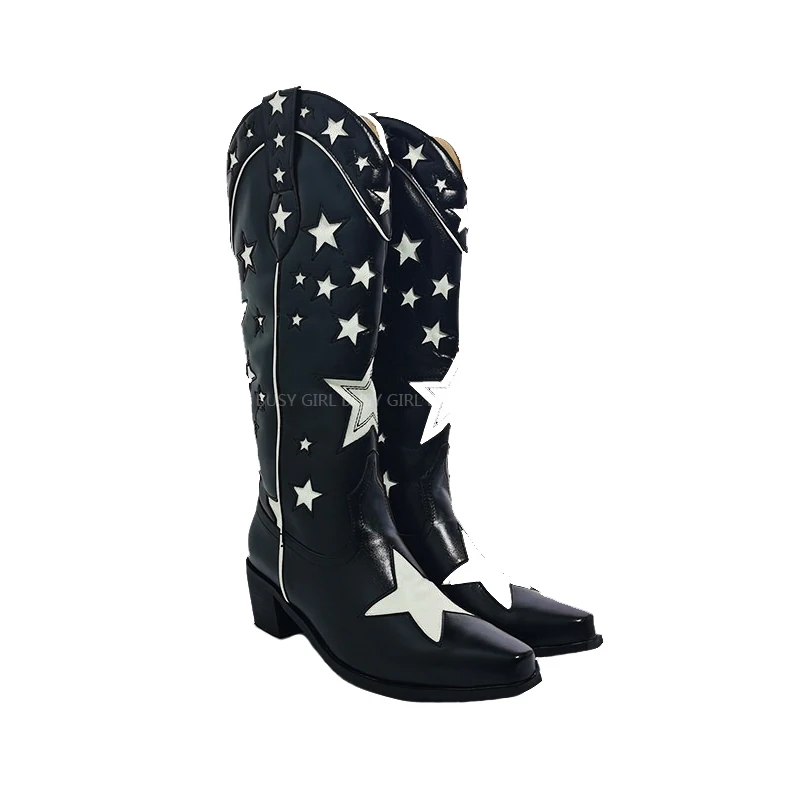 Size 43 Pointed Toe Black Star Women's British Style Western Cowboy