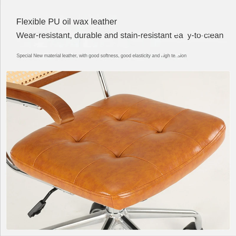 Retro rotating chair Rattan computer office chair Japanese comfortable storage study desk seat breathable armrest rattan office chair