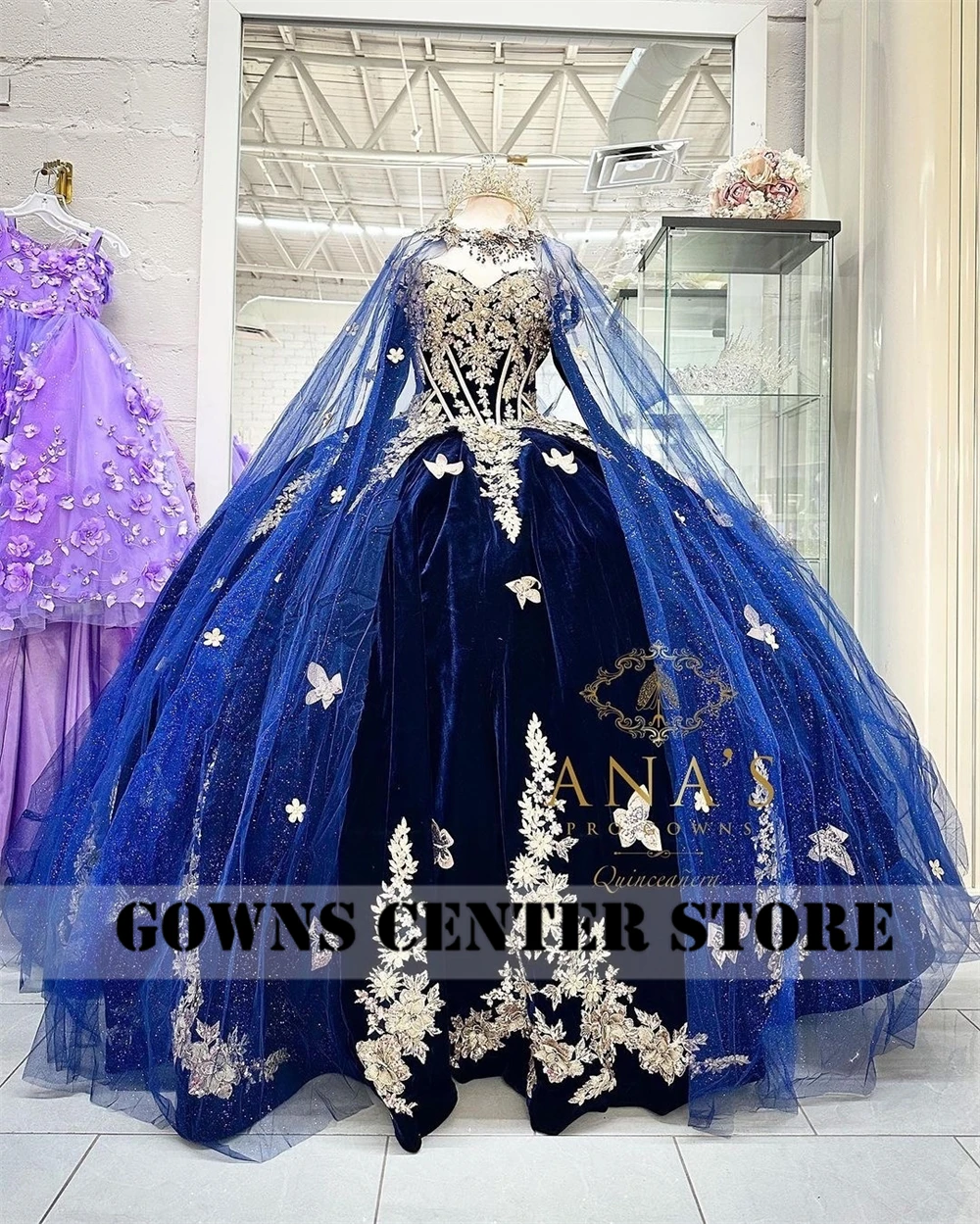 Tulle Cape 15 Year Old Velvet Navy Quinceanera Dress 2024 Gloves Gold Lace Appliques Sweet 16 Dress Party Gown Lace Up vstidos