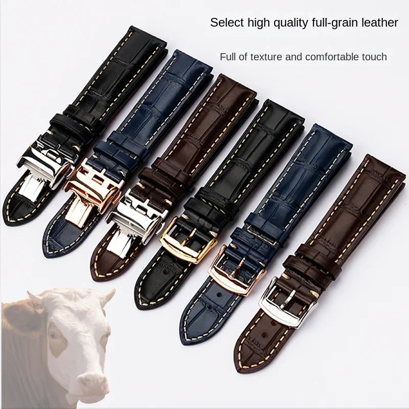 Premium Cowhide Leather Watch Strap with Butterfly Buckle - Available in 19mm, 20mm, and 21mm Sizes