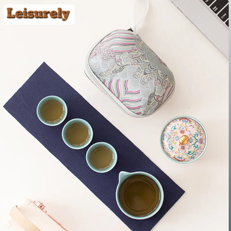 Chinese Enamel Color Travel Tea Set Kit Luxury Set Of Cups 1 Pot 3 Cups Tea Maker Separation Tea Set Portable Stock Bags Craft