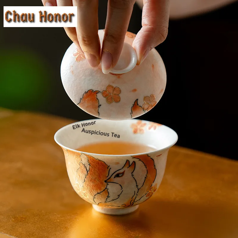 120ml Pure Hand-drawn Nine-tailed Fox Gaiwan Ancient Tea Tureen Tea Bowl with Lid Kit Tea Making Cover Bowl Teaset Craft Gift