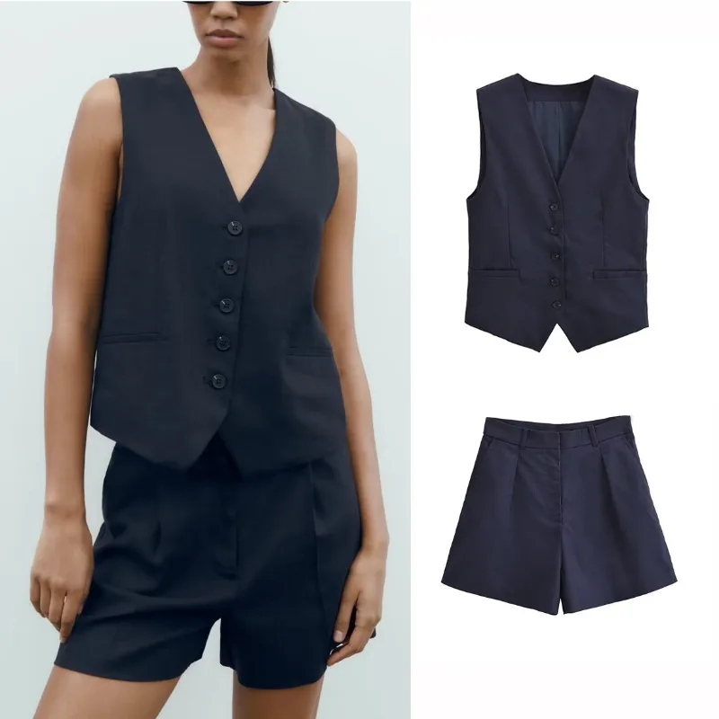 

2023 New Solid V-neck Two-piece Set Linen Suit Vest Suit Women's Summer Casual Sleeveless Vest Shorts Two-piece Set