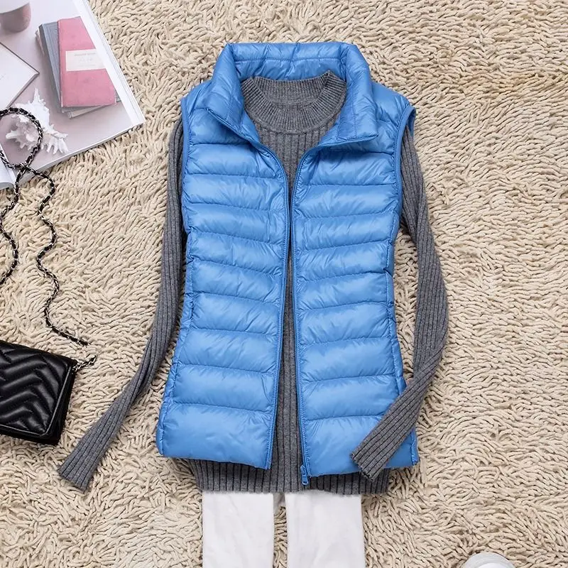 Autumn and Winter New Light and Thin Down Vest Women's Short Vertical Collar Large Size Down Jacket Vest Waistcoat