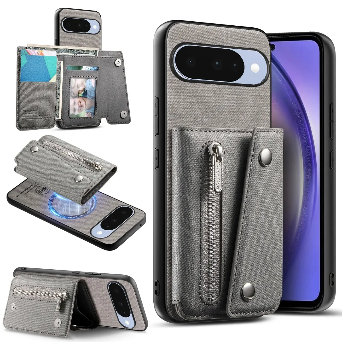 Versatile Magnetic Wallet Phone Case with Card Holder & Zipper Pocket