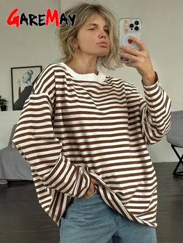 Women's Striped T-shirt 95% Cotton Oversized Black and White Casual Basic Long Sleeve Top Vintage Casual T-shirts for Women 1