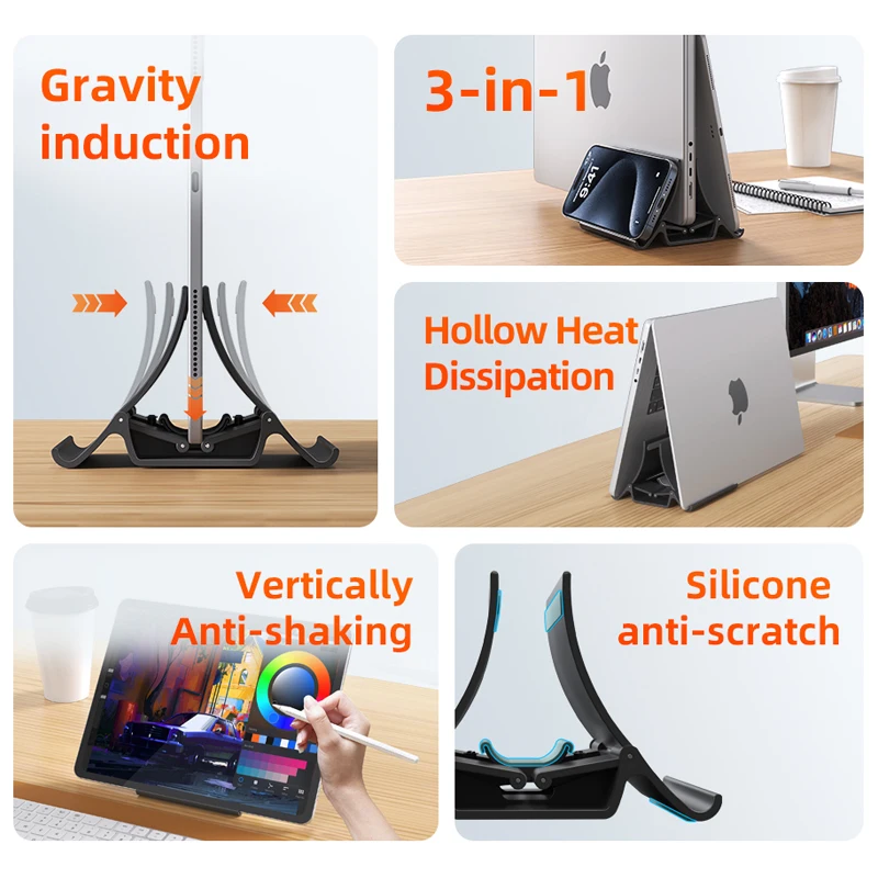 CABLETIME 수직 조절식 노트북 스탠드 중력 홀더 열 방출 미끄럼 방지 실리콘 MacBook Surface iPad HP Dell용