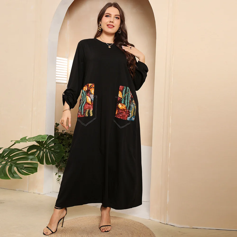 2022-women-dress-new-solid-color-printing-loose-and-comfortable-big-swing-dress-muslim-wear