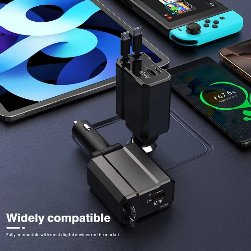 Mobile phone chargers, super-fast charging,  real-time voltage display, and optional starry lights and cigarette lighter.