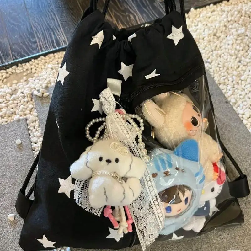 Star Print Storage Bag Drawstring Canvas Backpack Transparent Pockets Pain-Free Bag Large Capacity Lightweight Commuting Bag