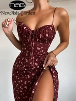 Wine Floral Dress WoPrairie Chic Straps Backless Chest Draped Lace Up Side Split Sexy Long Dresses