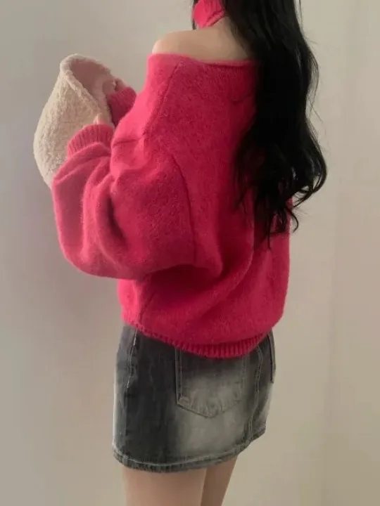 Chic Winter Knitted oulder Bared Long Sve Loose Fit One oulder Design Warm Soft Sle Commute Faion Women's Sweater