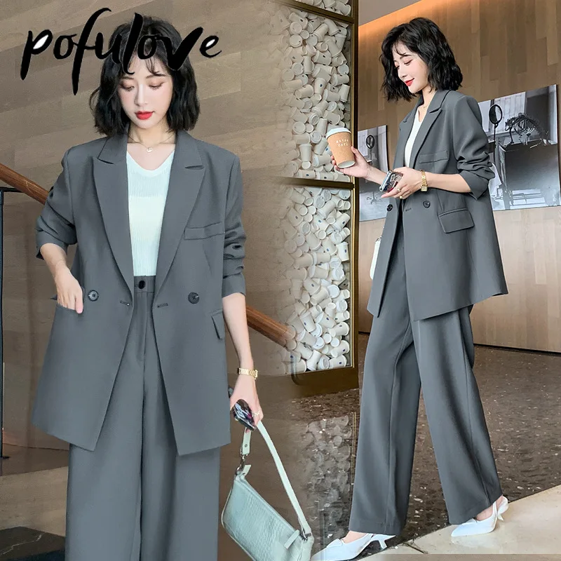 

Business Wear Set Women Solid Color Suit Set Casual Blazers and Wide Leg Pants Two-piece Sets Women Suits Office Sets