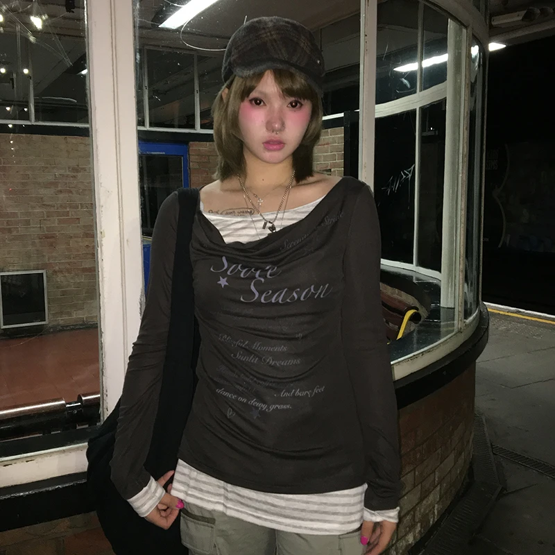 Karrram Japanese Y2k Fake Two-piece Tops 2000s Style Letter Print Long Sleeve T-shirt Vintage Harajuku Patchwork Tops Korean 90s 6