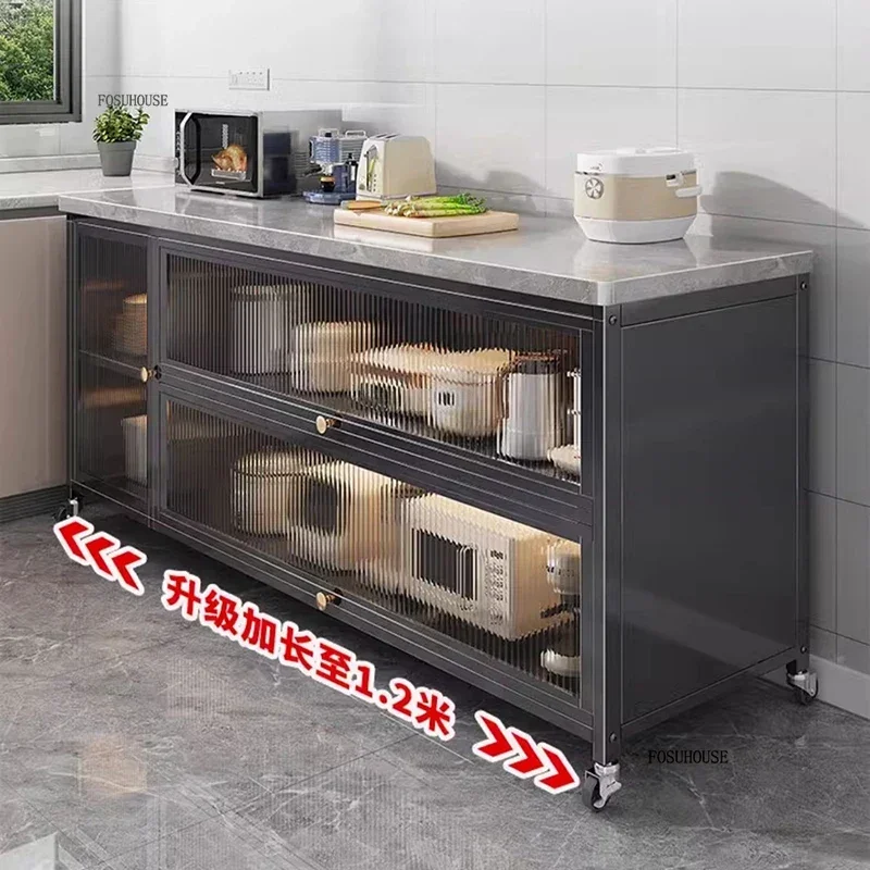 Modern Kitchen Cabinets Home Storage Cabinet Multi-function Kitchen Furniture Storage Cabinets Wheels Microwave Oven