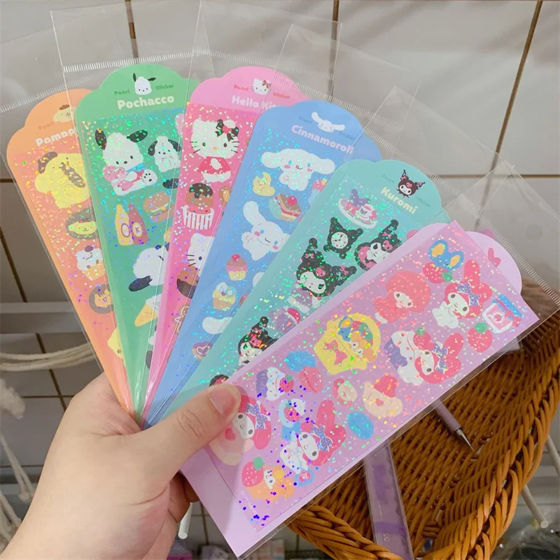 

Cute Sanrio Laser Sticker Korean Girl Heart Sticker Big Ear Dog Melody Kuromi Hand Account Sticker DIY Toy Kawaii Gift