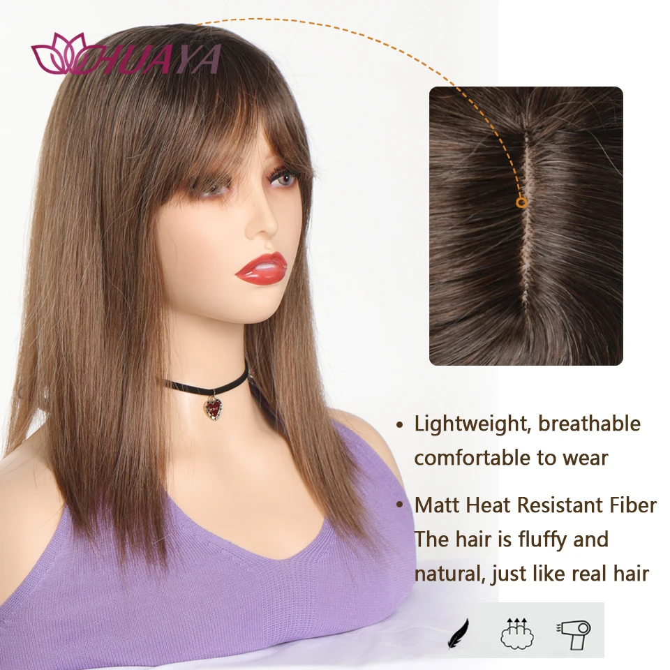 Synthetic Long Straight Topper Wig Clip in Hair Extensions Natural Fluffy Head Top Fake Hair Piece with Bang Clip Black  Brown