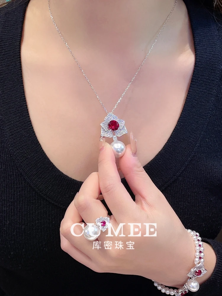 Cumee Ethnic Flower Ruby Jewelry Set Artifical White Pearls Cultivation Synthetic Ruby Pendants Necklace 925 Silver Plated Gold