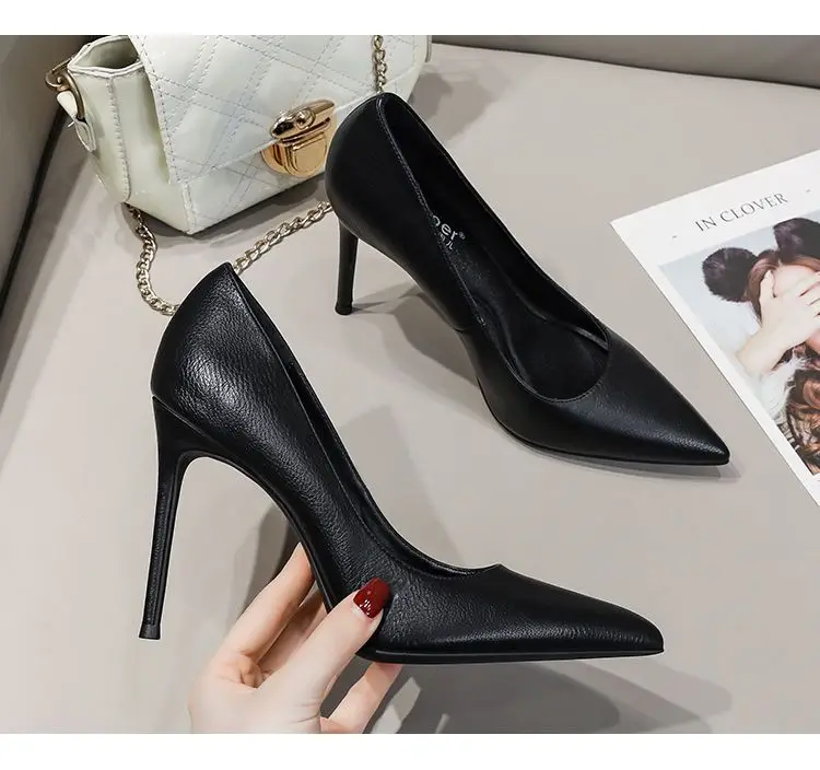 New Soft Leather Black Professional High Heels Female Stiletto All-match Flight Attendant Single Shoes Work Shoes