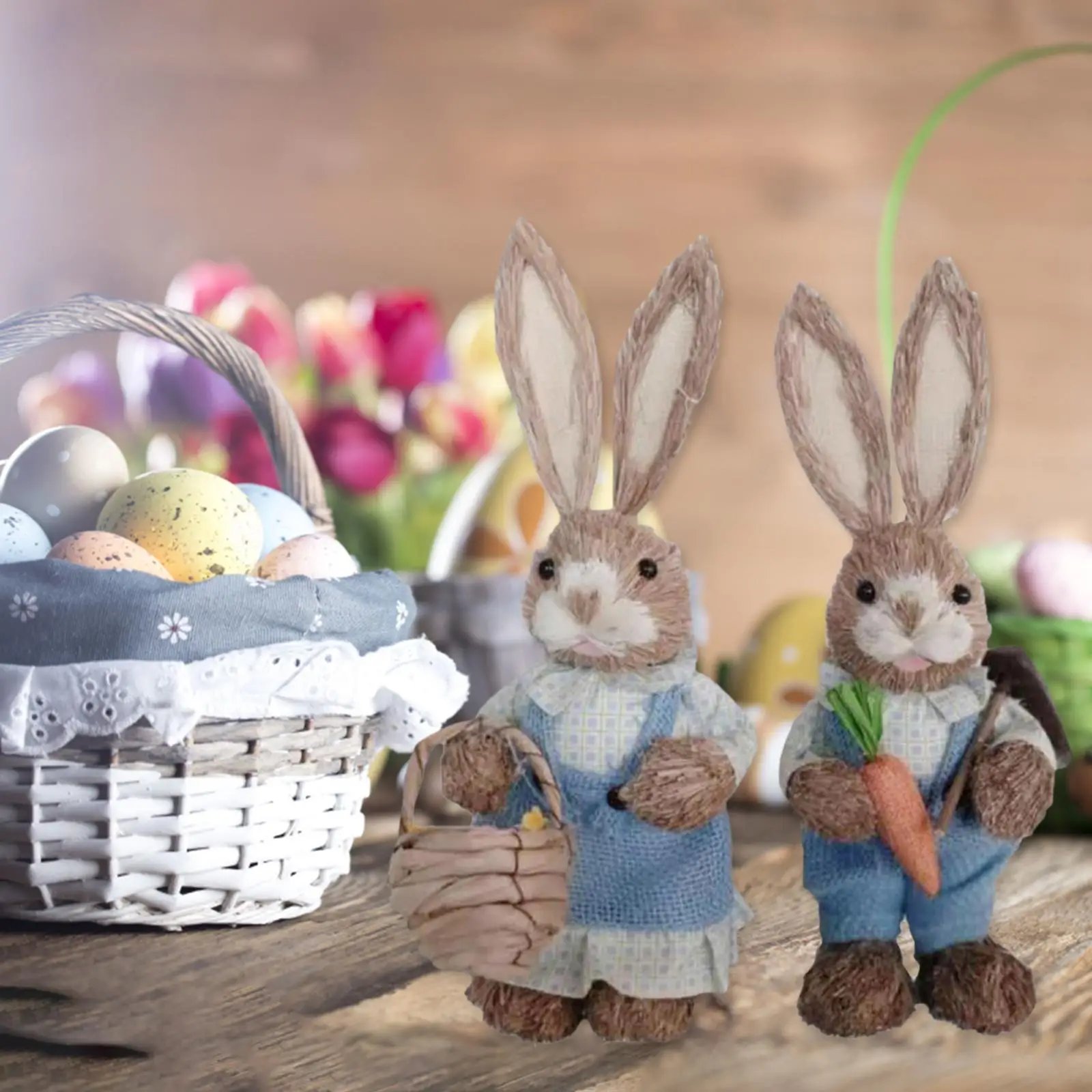 2Pcs Straw Easter Decorations Bunny Statues with Clothes Animal Standing for Floor home and indoor Party Wedding