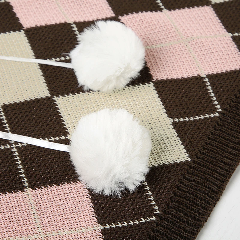 Faldas de punto de otoño con rombos, bonitas y dulces, a cuadros, con bolas de peluche y lazos, a la moda, minifaldas de moda.