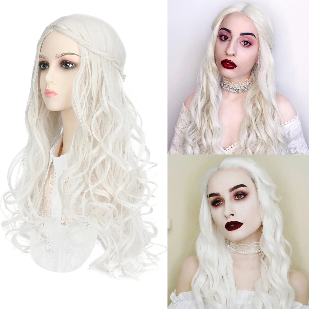 shangzi Long White Blonde Cosplay Wigs Curly Body Wave Party Christmas Synthetic Costume Wavy Female Queen Braided Hair Wig