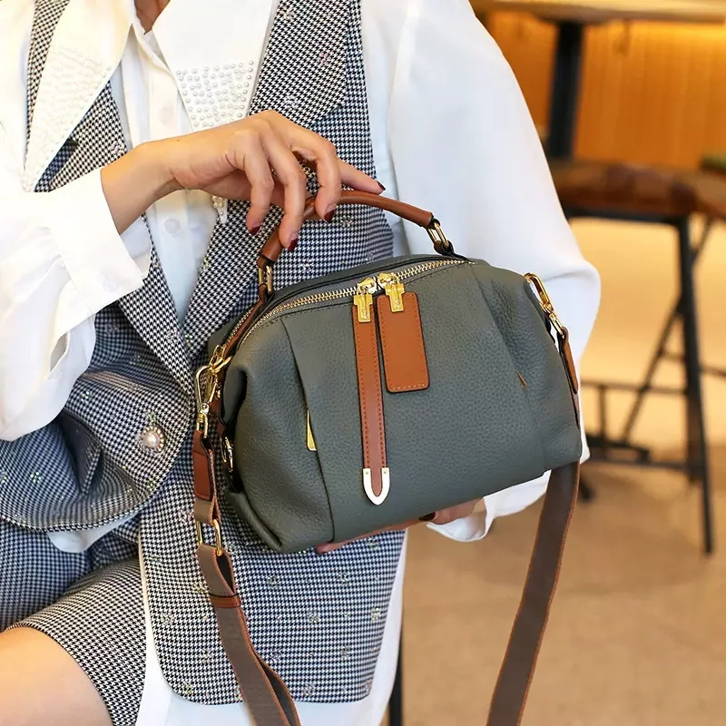 Women's One Shoulder Bag Crossbody Handbag Y2k Genuine Leather New Versatile Top Layer Cowhide Contrasting Color Boston Pillow