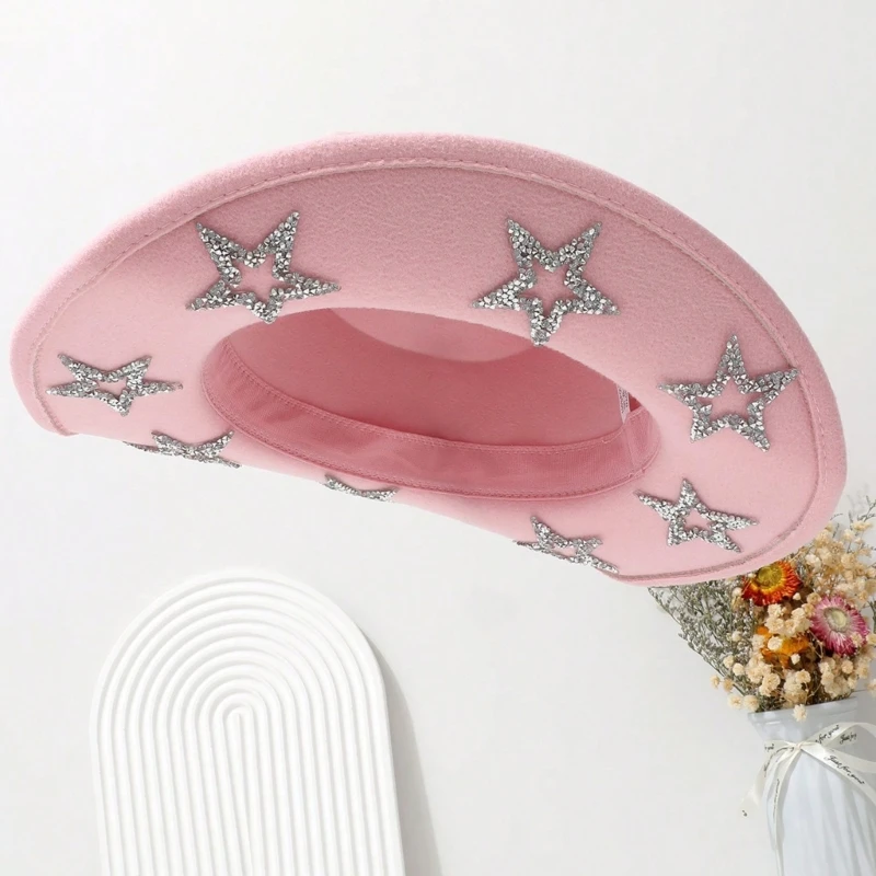 Roll Brims Cowboy Hat for Bride Bridesmaids Elegant Five Pointed Star Cowgirl Hat Party Costume Halloween Party Headwear