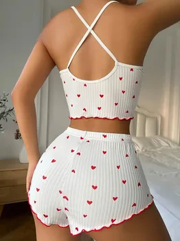 Sleepwear Women Pajamas Set Heart Print Soft Ribbed Fabric with Flirty Frill Trim Casual Cami Top and Shorts Sets Loungewear 2