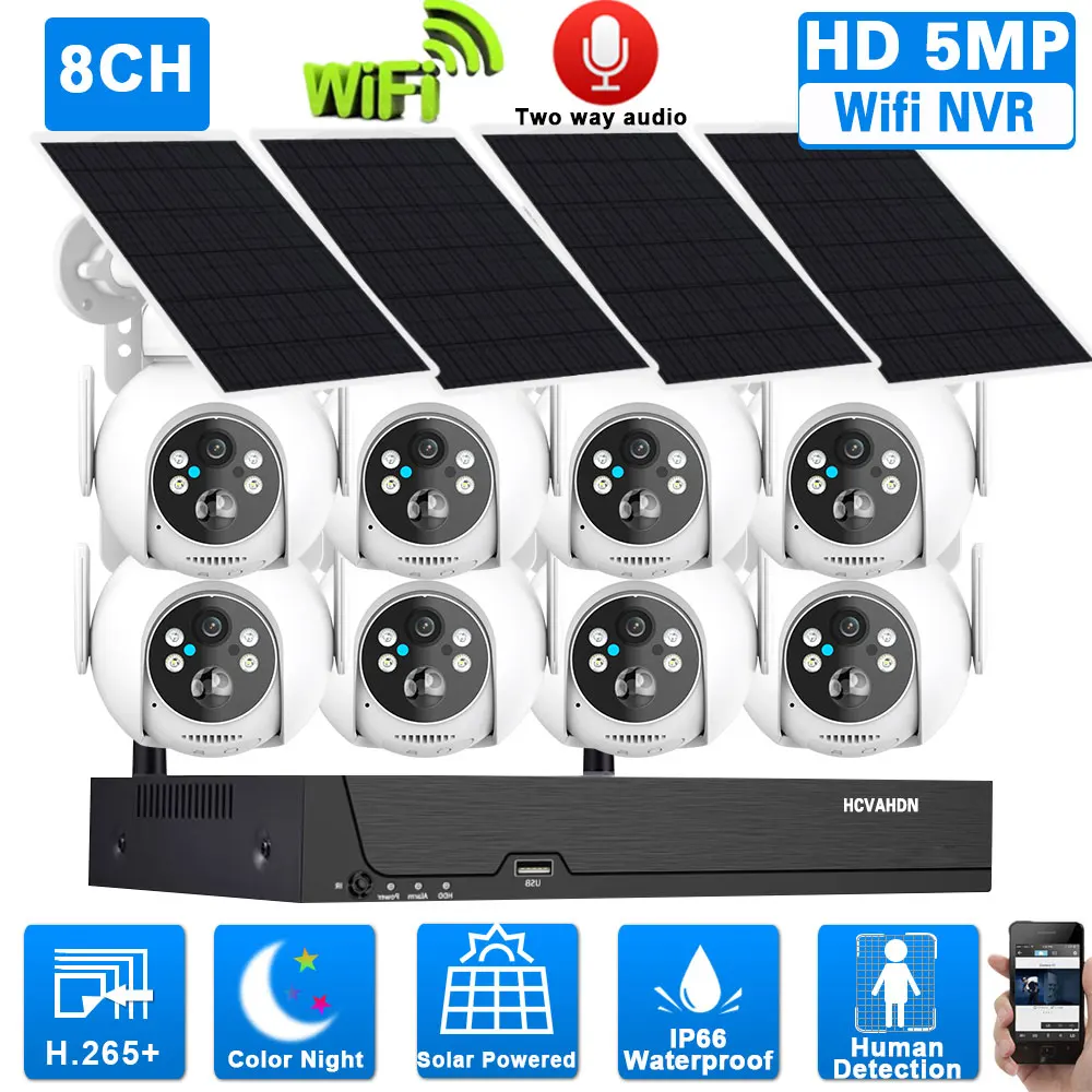 

ICSEE 8CH 5MP WIFI Solar Security Camera Set Two Way Audio Color Night Vision Wireless IP Cam NVR Kit 4CH Video Surveillance Kit