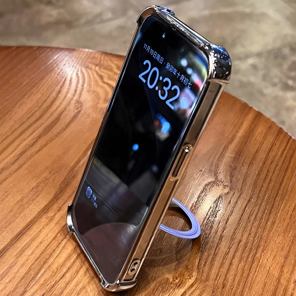 Enhanced Plating Magnetic Ring Stand Shockproof Clear Phone Case with Magsafe Holder