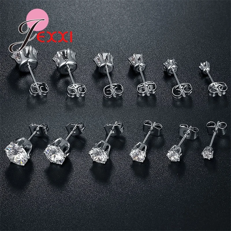 6 Pairs 3/4/5/6/7/8MM Mix Size 925 Silver Needle Rhinestone Claw Setting Simple Classic Stud Earrings for Man Woman Girl Boy 6