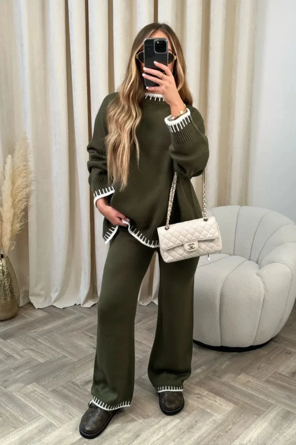 2024 Women's Striped Elegant Knitted Home Suit, Split Sweater Top, Elastic High Waist Straight Pants Pieces SetAutum Winter