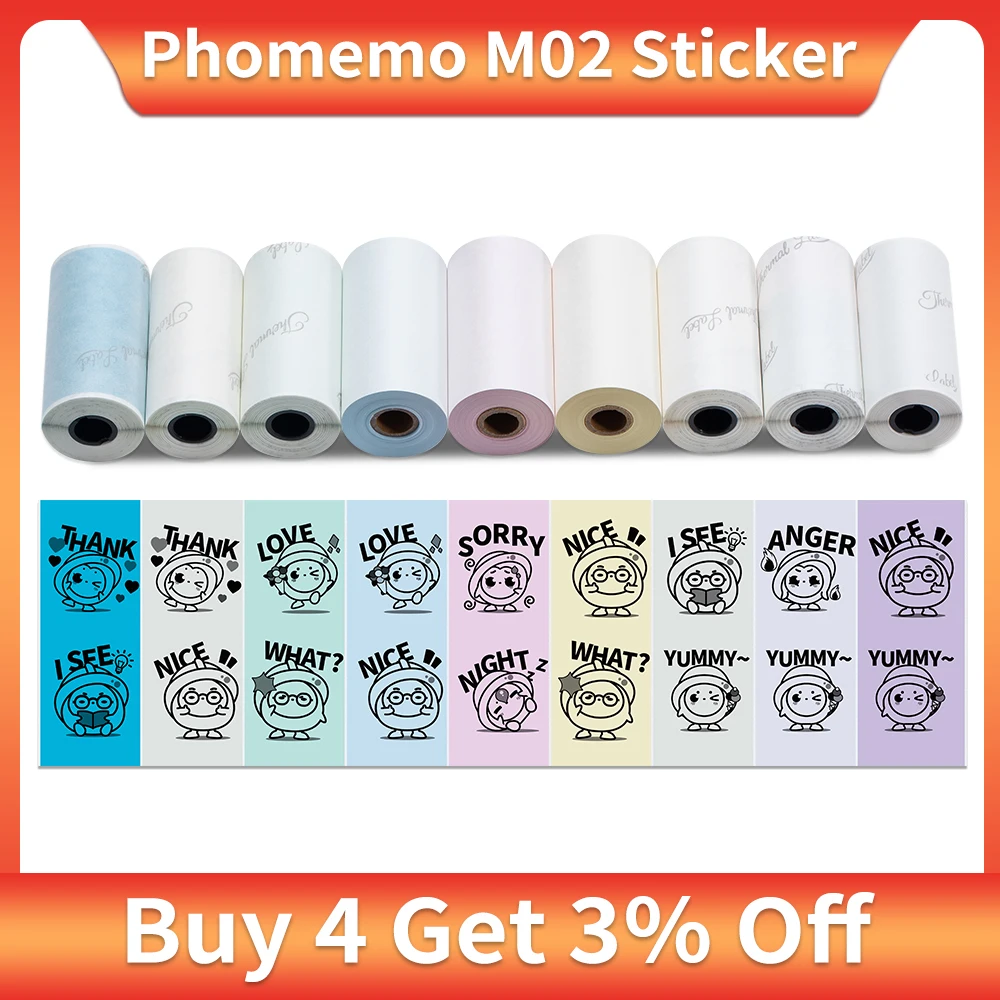Phomemo 자체 접착식 프린터 스티커, M02 시리즈 프린터 용지 스티커, 접착식 라벨 프린터용 용지 롤 감열식 라벨