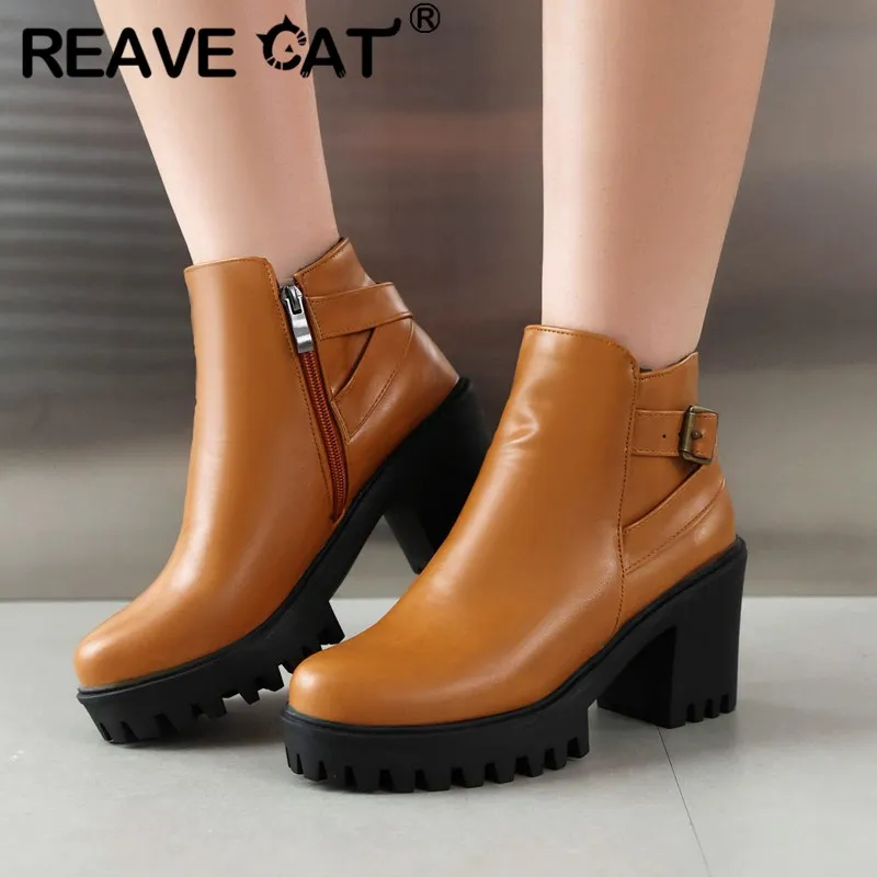 

REAVE CAT Mature Female Ankle Boots Round Toe Chunky Heels 8.5cm Platform Zipper Belt Buckle Big Size 42 43 Leisure Women Booty