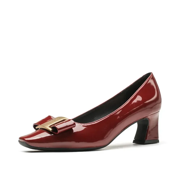 HOT Plus Size 40 HOT Women Shoes Square Toe 5cm Pumps Patent Leather Dress Butterfly Knot Boat Shoe Wedding Shoes Zapatos Mujerd 5