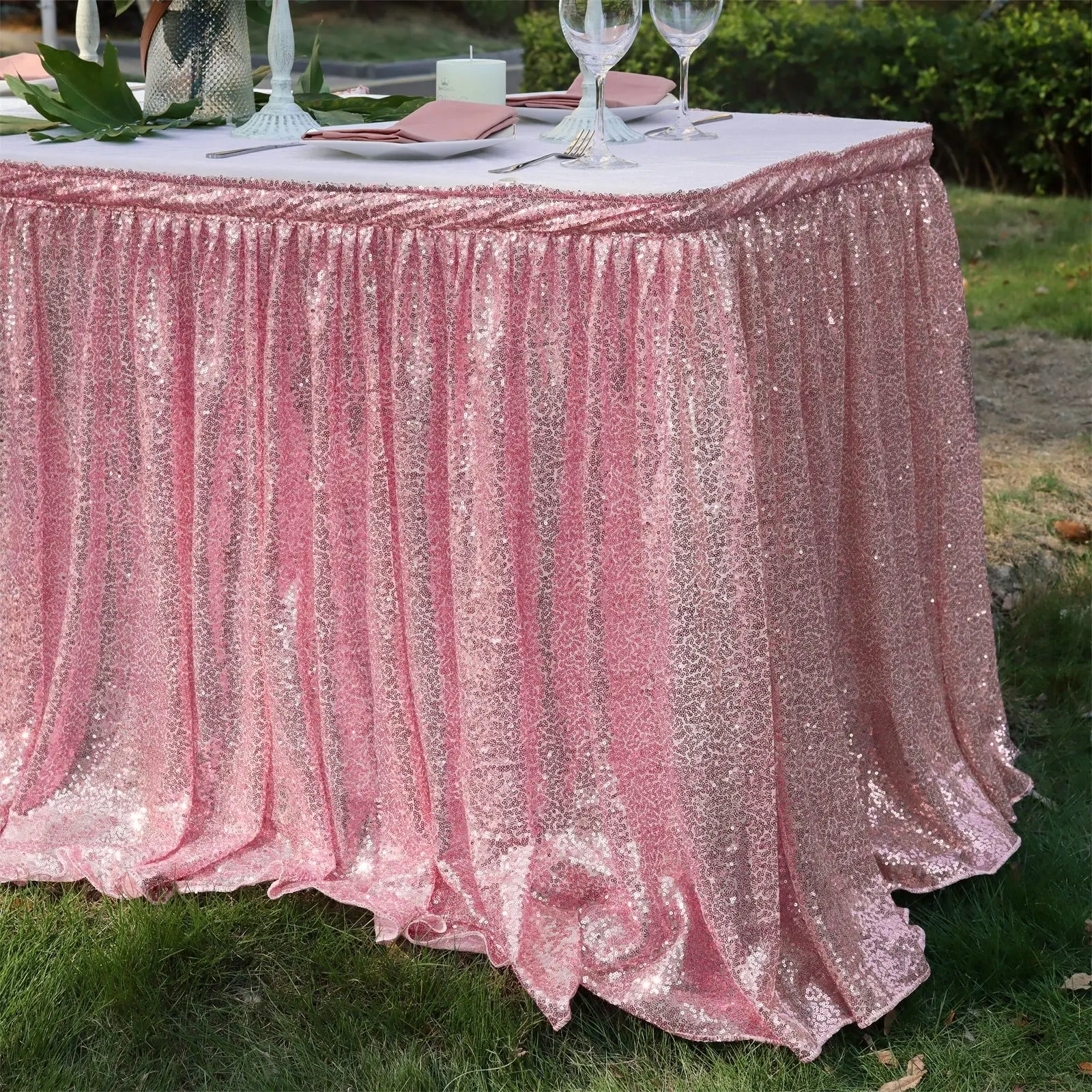 4/6/9/14ft Rose Gold Sequin Table Skirt for Round/Rectangle/Square Table for Birthday Party Wedding Christmas