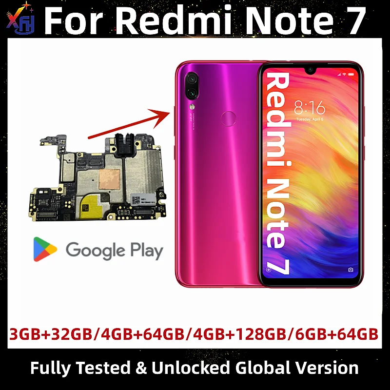 

Материнская плата для Xiaomi Redmi Note 7, 32 ГБ, 64 ГБ, 128 Гб ПЗУ, материнская плата с установленным Google Play store