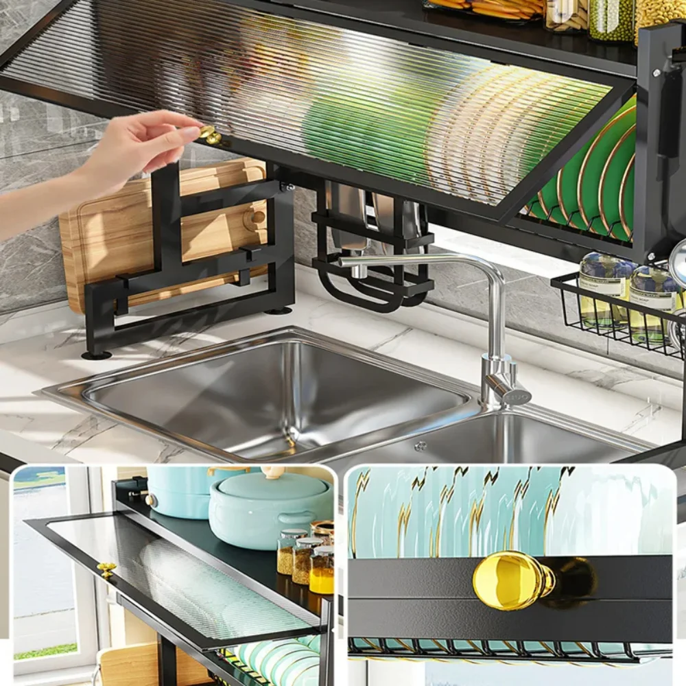 Kitchen Stainless Steel Drain Shelf Over The Sink Dish Drying Rack Utensil Cup Holder Large Over The Sink Dish Rack with Cover 4