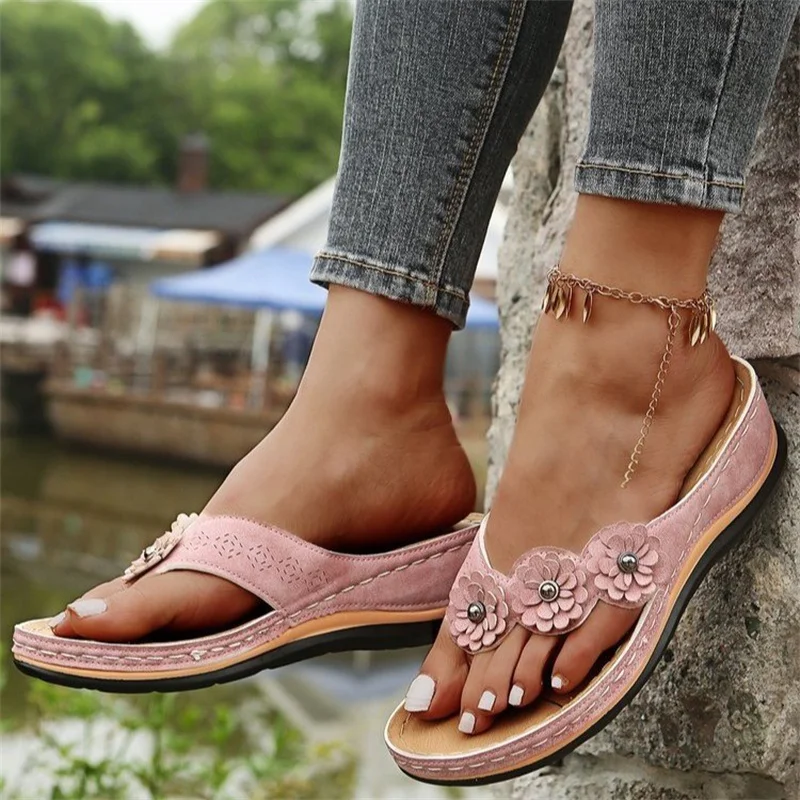 2023 New Women's Slippers Fashion Flower Solid Color Wedge Flip-Flops Outdoor Platform Non-slip Beach Sandals Sandalias