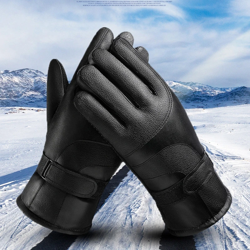 

Men'S Gloves Black Winter Mittens Keep Warm Touch Screen Windproof Driving Thickened Velvet Leather Gloves Pu Leather Gloves