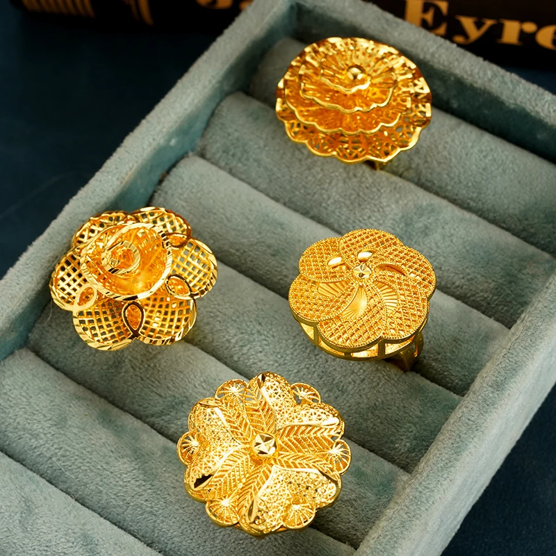 Diamond Ring Big Flower Design Gold Ring Gold Plated Big Flower