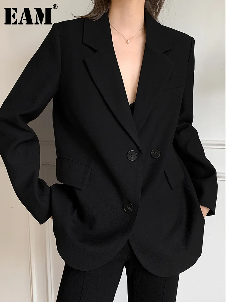 

[EAM] Women Black Brief Casual Big Size Blazer New Lapel Long Sleeve Loose Fit Jacket Fashion Tide Spring Autumn 2023 1DE9388