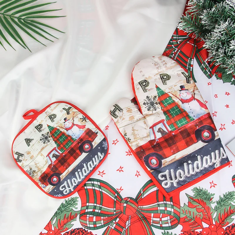 2Pcs Christmas Heat Insulated Glove Christmas Decoration Microwave Oven Heat Insulated Pad Xmas Gloves Kicthen Supplies Tools