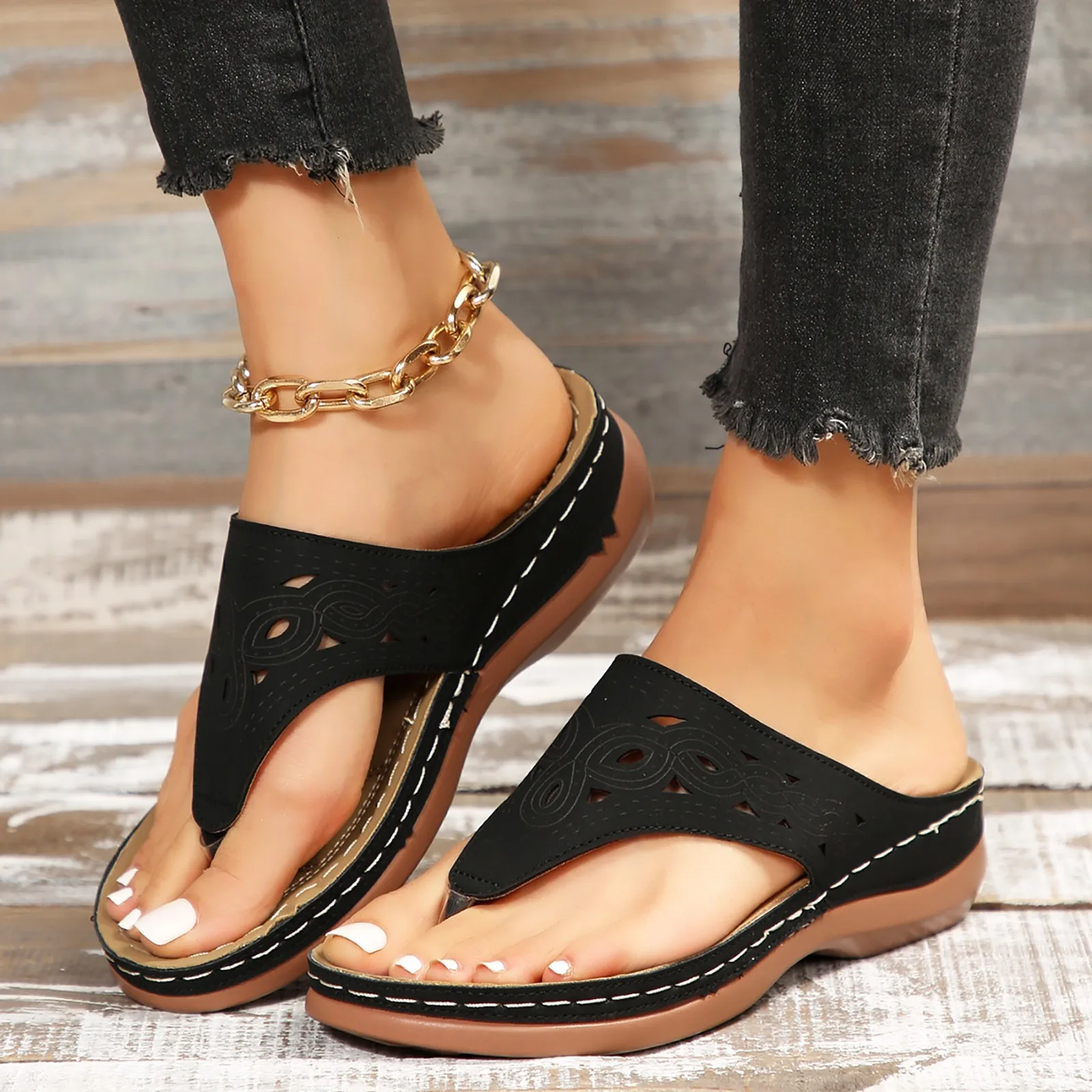 

Сандалии женские на танкетке, мягкие Нескользящие босоножки из искусственной кожи, с ортопедическим супинатором и клипсой, на платформе, лето, 2023