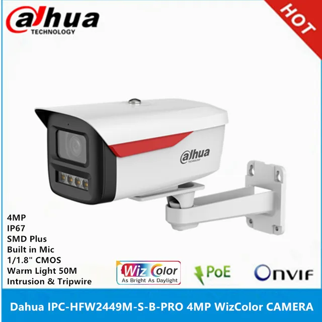 Dahua IPC-HFW2449M-S-B-PRO 1/1.8" CMOS 4MP Built-in MIC IP67 Built-in warm light 50m POE SMD Plus Bullet WizSense IP Camera 1