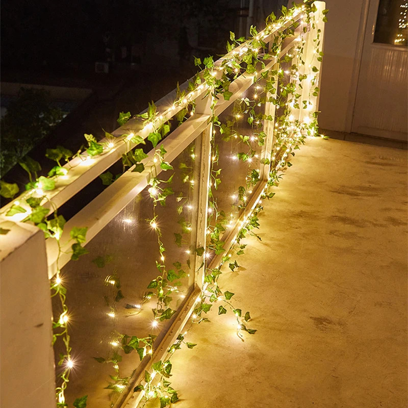 2-10m Solar Ivy Green Leaf Light Outdoor Waterproof 100LED Solar Power Fairy Garland String Lights for Yard Garden Party Wedding