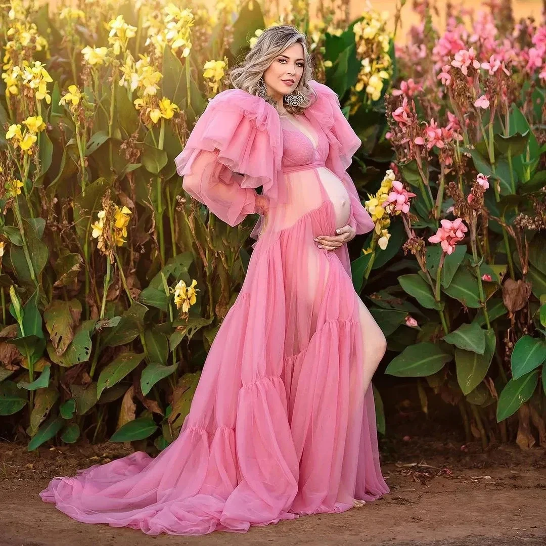 

Princess Pink Illusion Tulle Maternity Gown Custom Made Photography Dress Puffy Ruffled Pregnancy Open Front Baby Shower Dresses