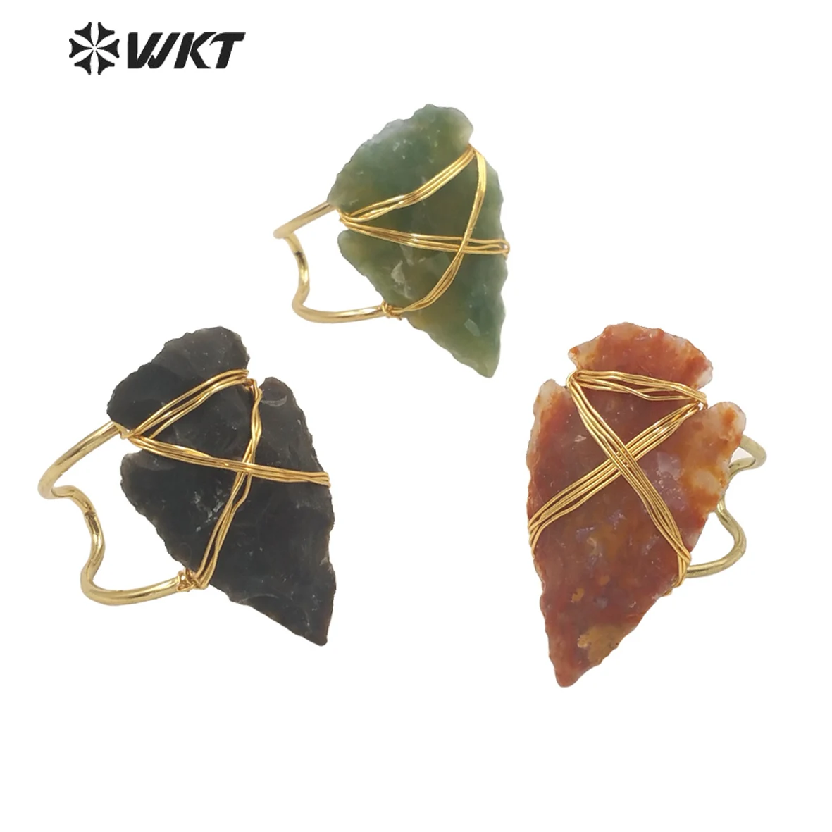 

WT-R391 WKT Special Design Gold Wire Wrap Indian Agates Ring Natural Stone Arrow Shape Ring Women Jewelry Gift Procurement